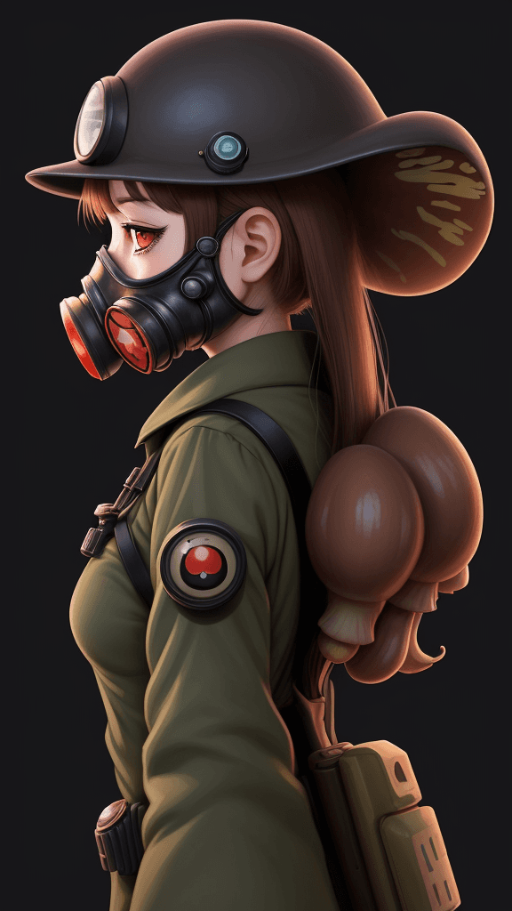 AI generated: in a complex background a front profile portrait of little mushroom woman. Wearing a gas mask. Promi...