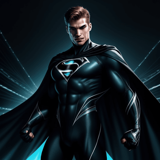 AI generated: Generate an image of a caucasian male superhero joyfully celebrating a triumph. He is attired in a s...