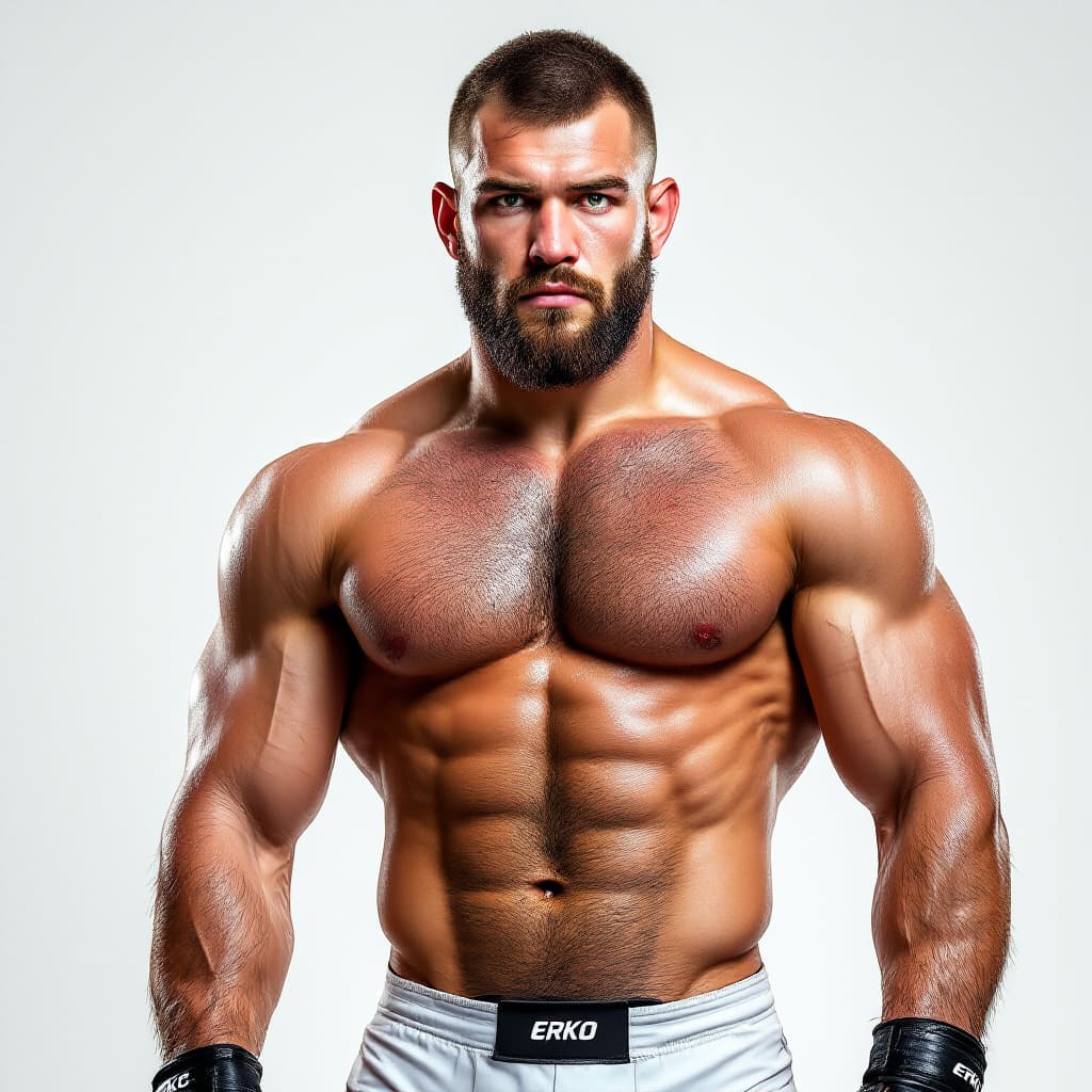 AI generated: Bosnian MMA fighter. 22 years old. Erko Jun. Green eyes. Caucasian. Serious. Full body image. Flip-f...