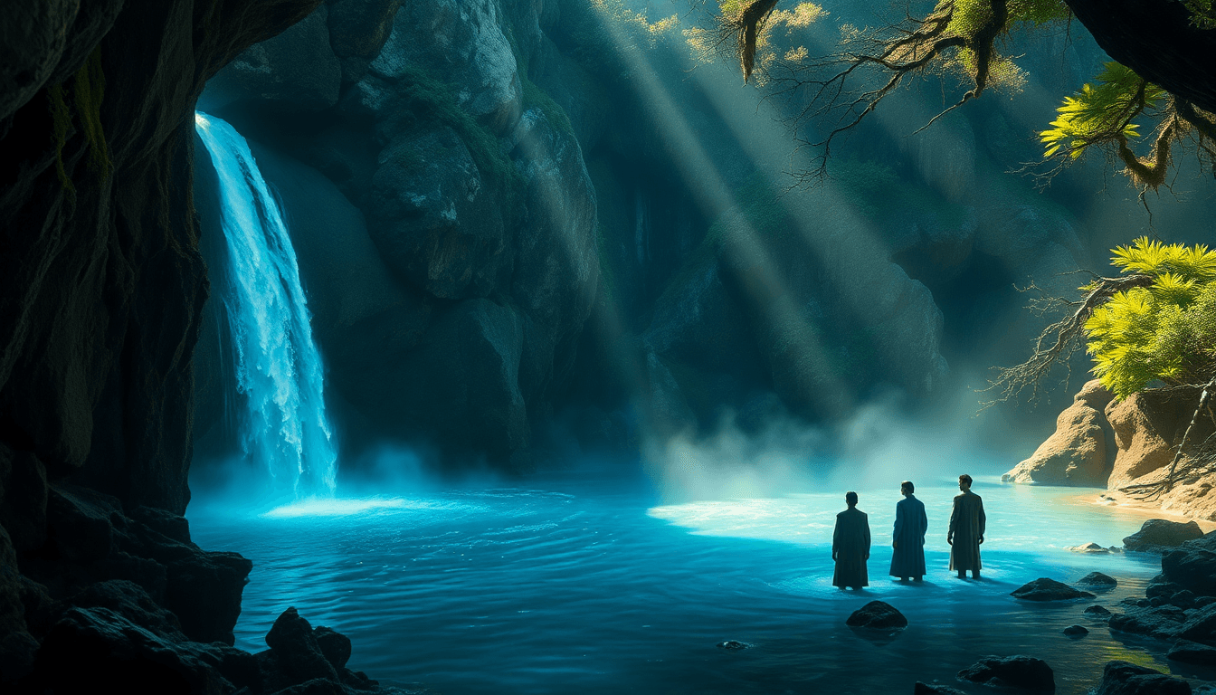AI generated: photo realistic image of A breathtaking, cinematic scene deep in a sacred mountain gorge at dawn. A ...