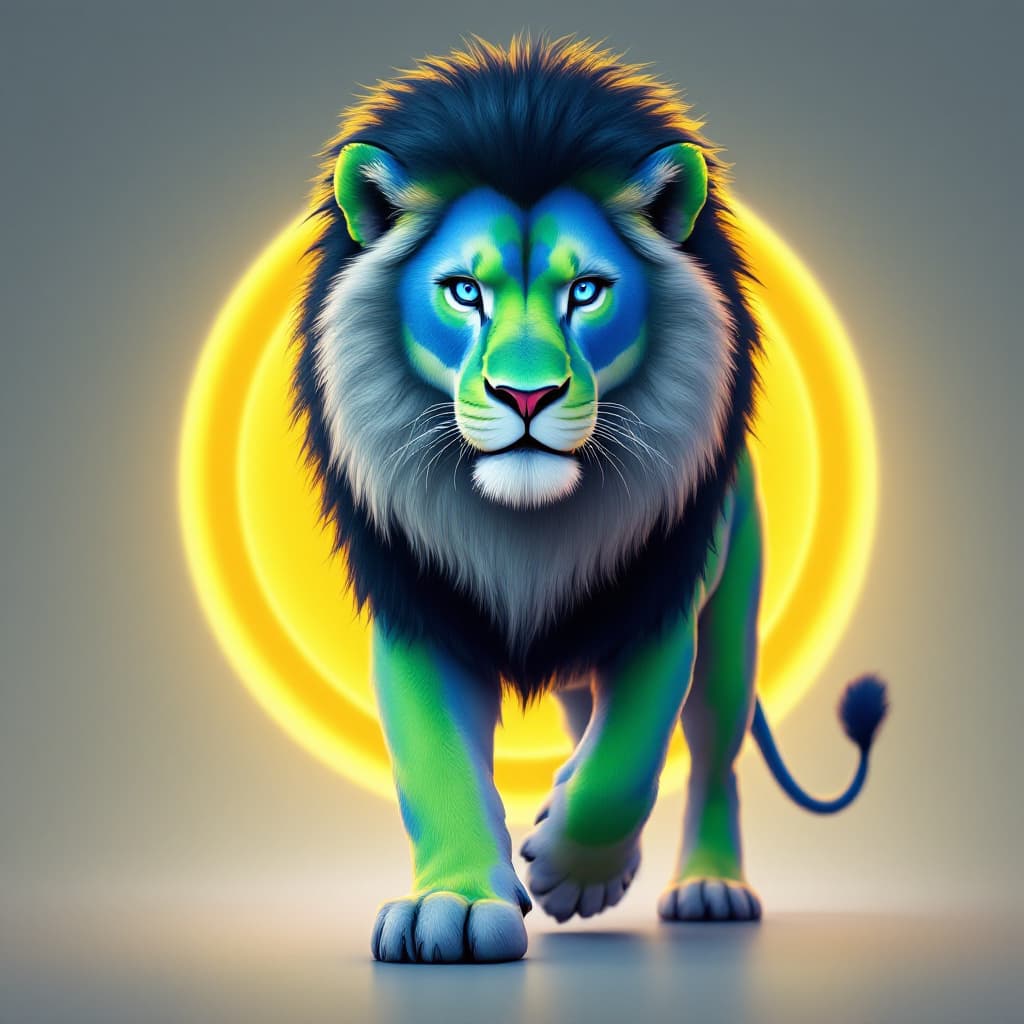AI generated: A walking  lion with blue eyes standing in front of an aura circle, logoSierra Leone ' s, with a com...