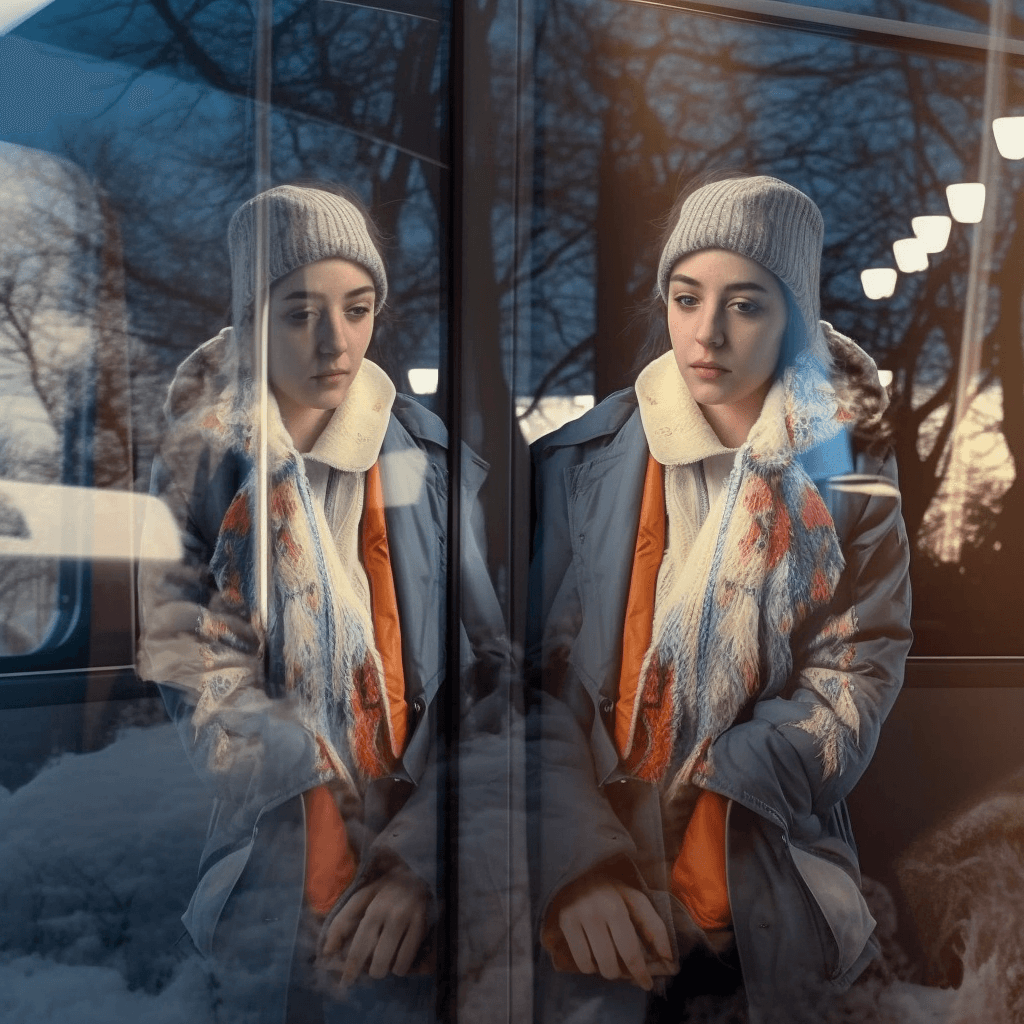 AI generated: create reflection effect on train window of young pretty women ,wearing winter coat ,photorealistic ...