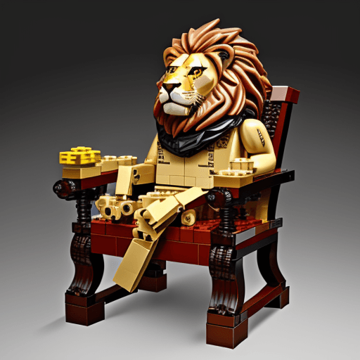 AI generated: a lion sit on chair all parts will be created by lego full body