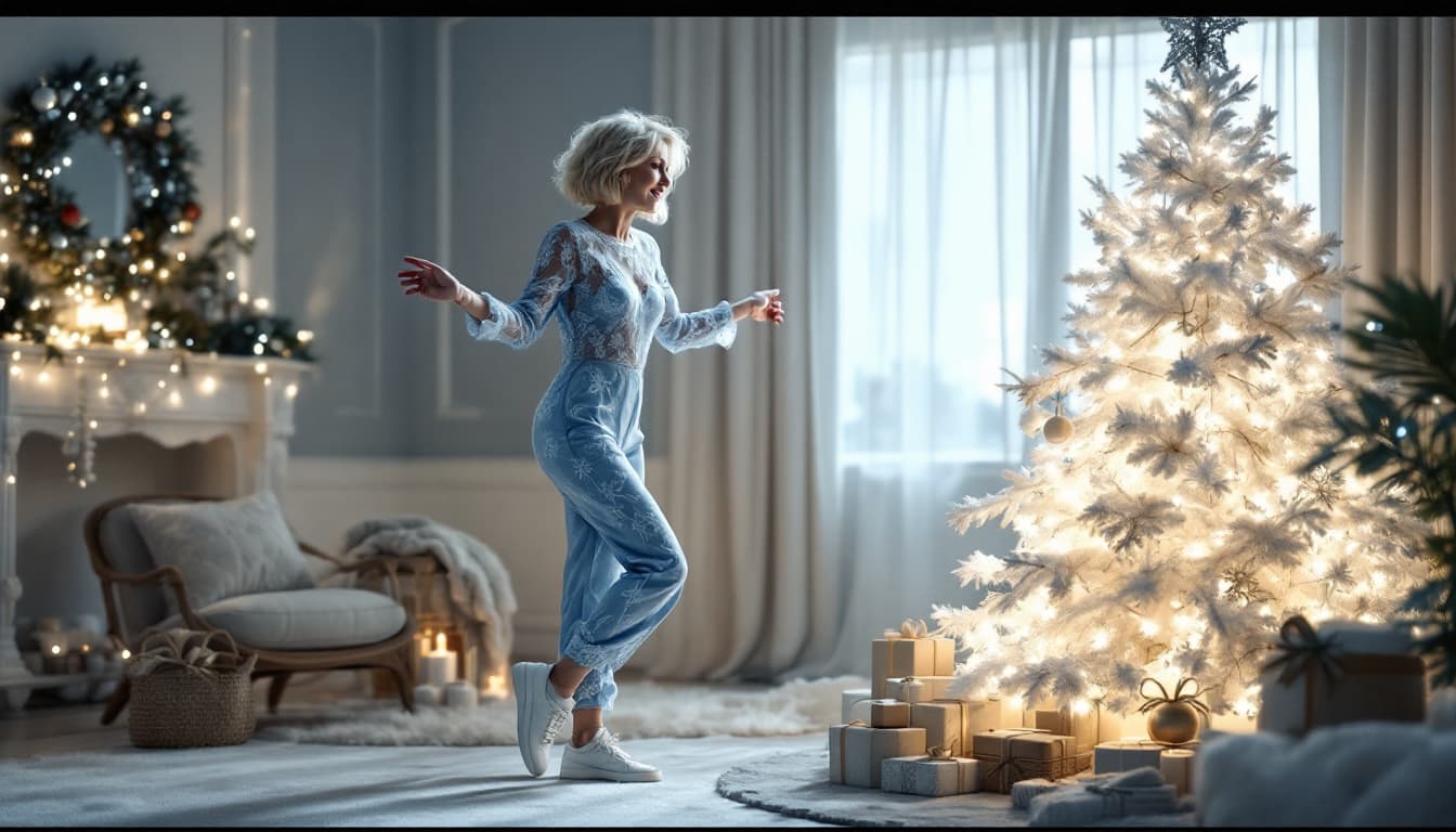 AI generated: Long shot. Cinematic scene. Smiling graceful woman 50 years old blonde bob haircut curly hair in a s...