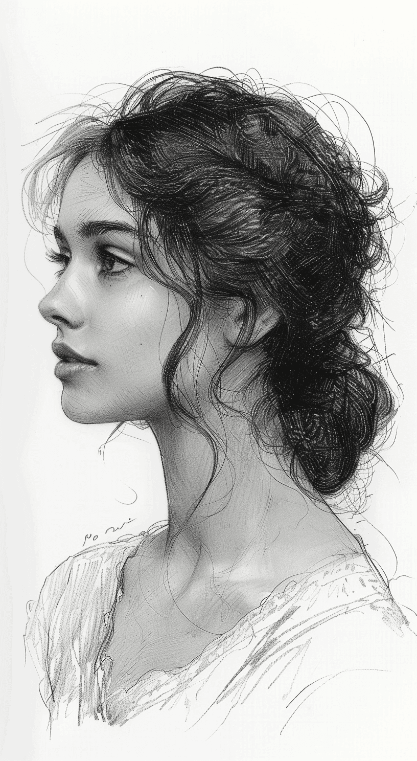 AI generated: vintage lithograph, beautiful woman, side view, slight smile, white background, dramatic lighting, s...