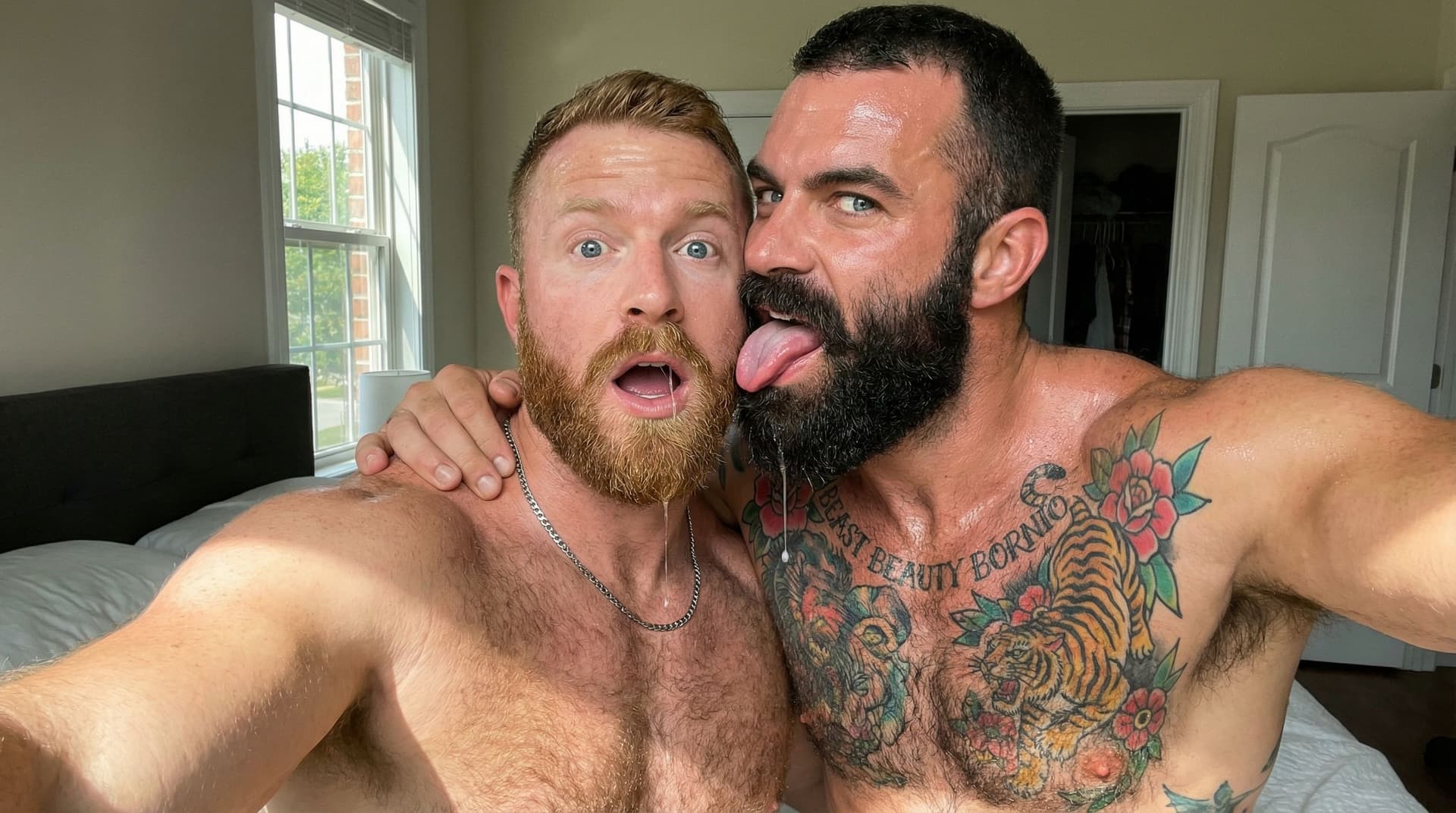 AI generated: hyperrealistic gay couple selfie close-up, two jacked shirtless bearded hunks embracing, drool saliv...