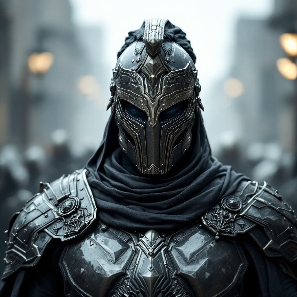 AI generated: Male Legionary warrior in a Futurist battleground, wearing a full battle face mask, helm, and turban...