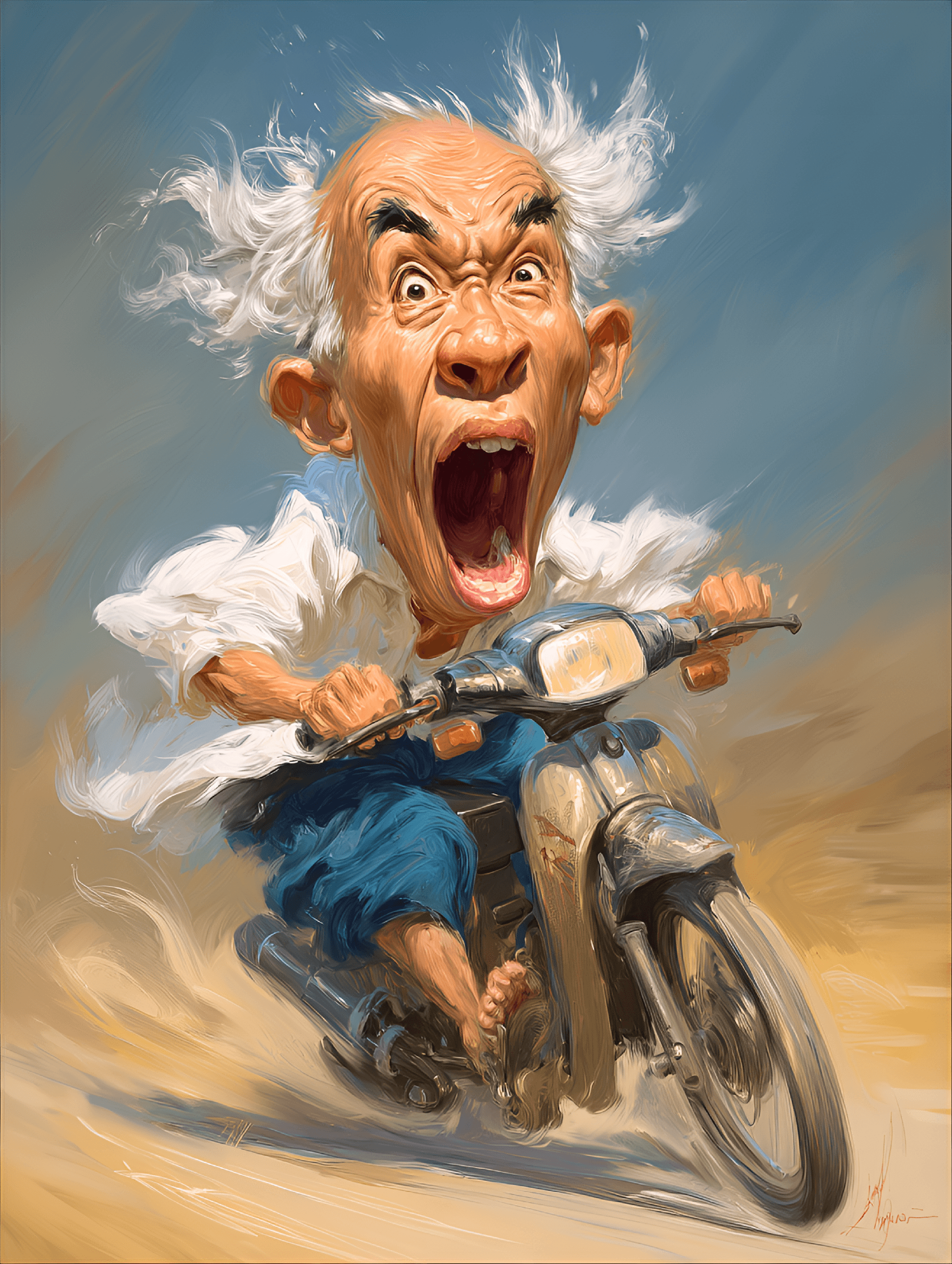 AI generated: funny caricature, funny elderly man on motorcycle caricature, elderly southeast asian male, 70 years...