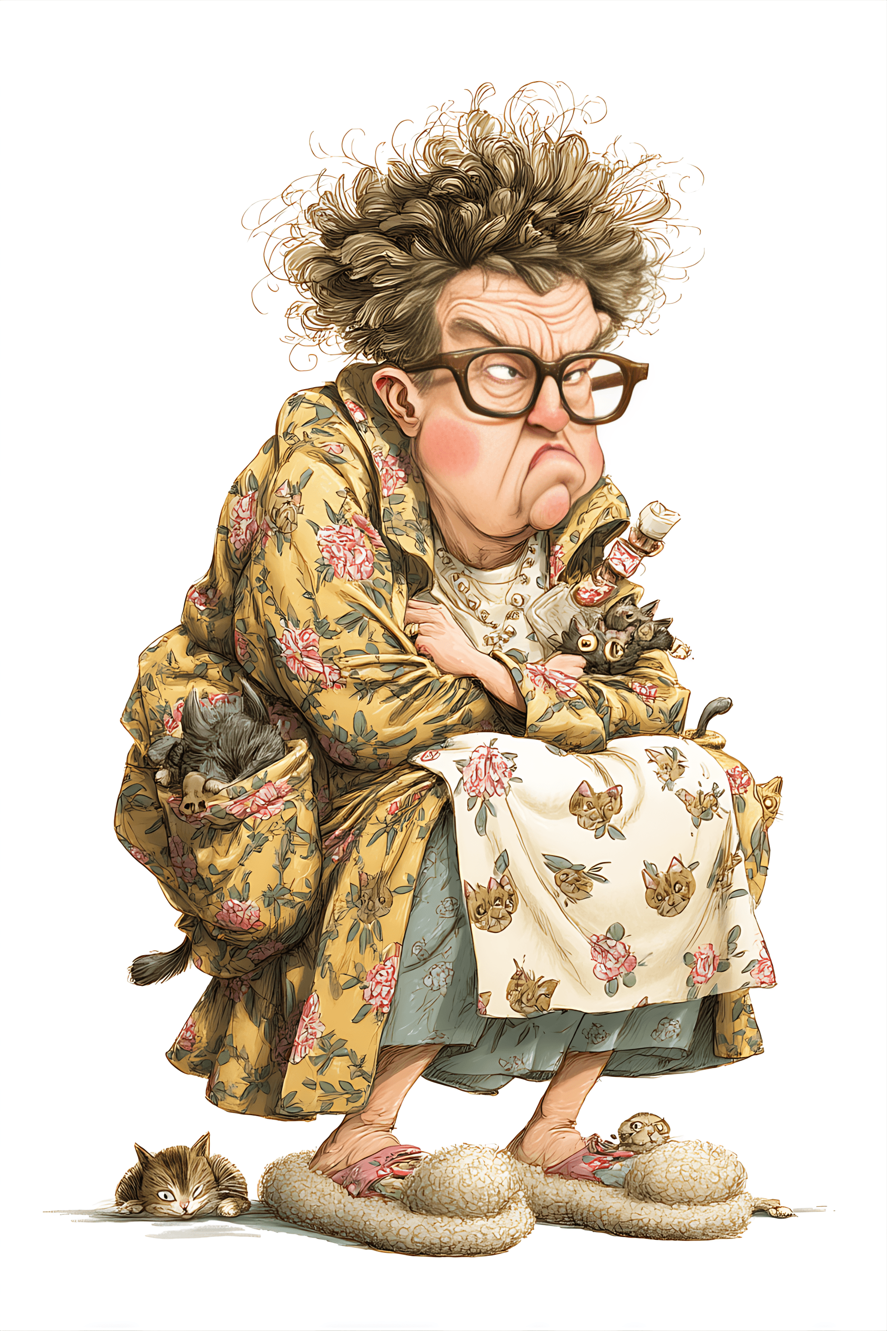 AI generated: funny caricature, eccentric cat lady, british ethnicity, 62 years old, frazzled, bespectacled, hunch...