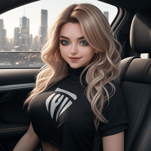 AI generated: Aan image of a young woman. Tiktok influencer, sitting in the driver's seat of a car, with a seatbel...