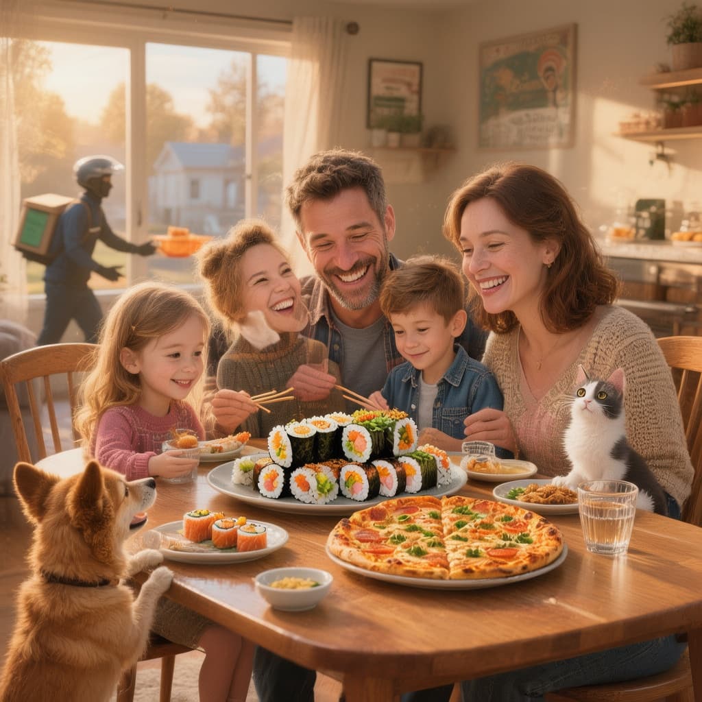 AI generated: commercial illustration of a happy family (parents and children) having dinner together at a cozy ta...