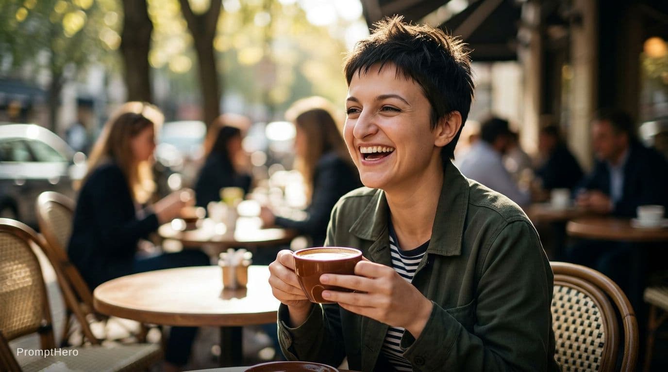 AI generated: sitting at a small round wooden table at an outdoor cafe. She is laughing and holding a brown cerami...