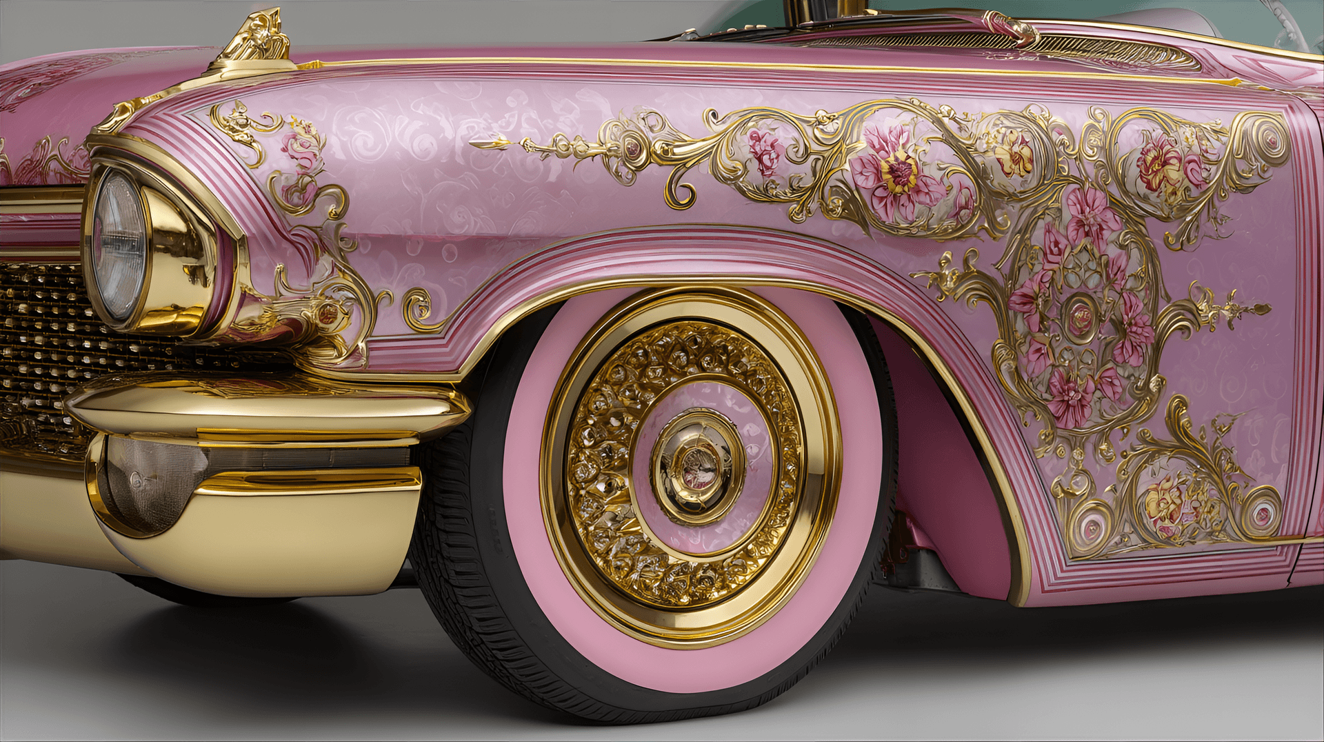 AI generated: pink and gold custom car,  exquisitely detailed,  ornate,  sculptural,  vintage,  futuristic,  luxur...