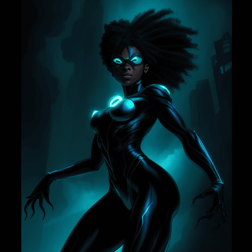 AI generated: will-o'-the-wisp, young black female superhero, inspired by frank miller, dark city, atmospheric lig...