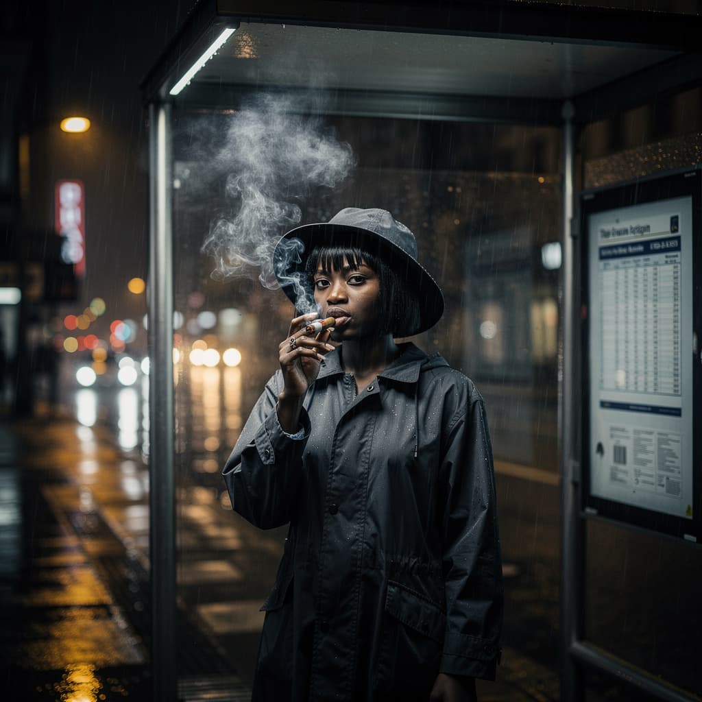 AI generated: African girl, raincoat, black hair, rain, night city, bus stop, smoking a cigar, cigarette smoke, wa...
