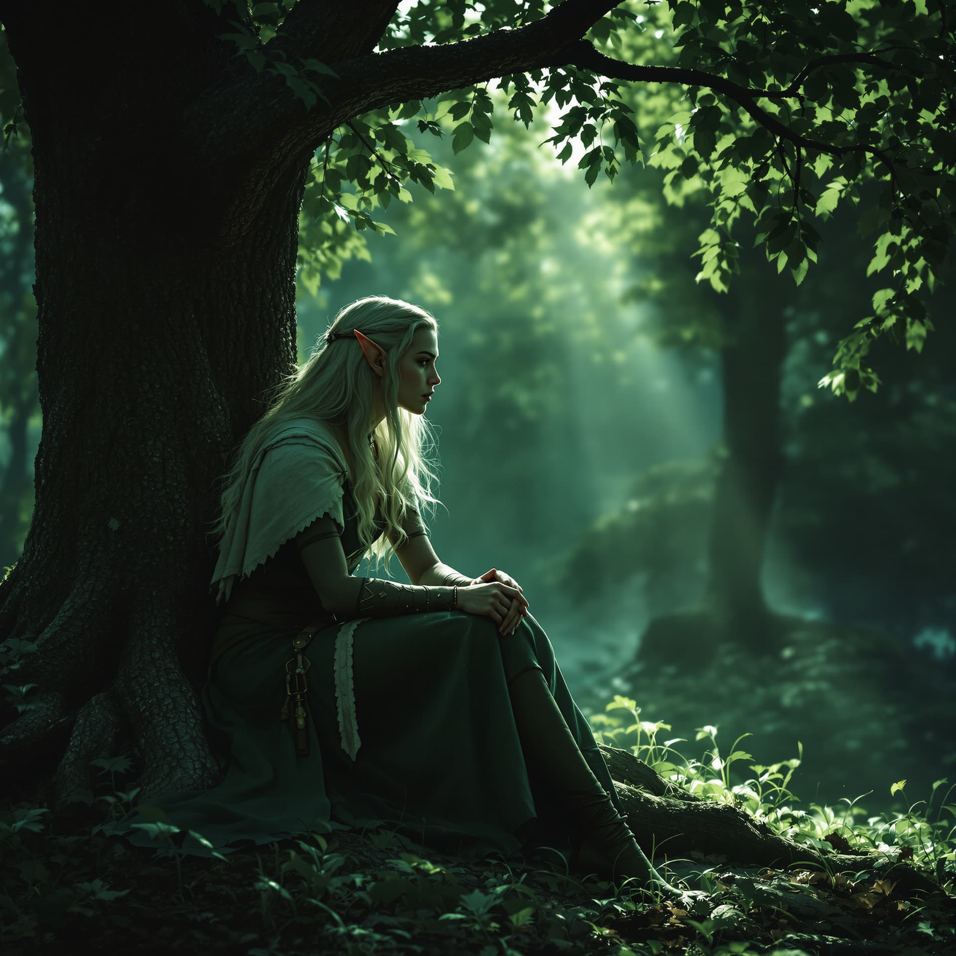 AI generated: female lord of the rings warrior elf sitting under a tree in Lothlórien, watching and expecting an i...