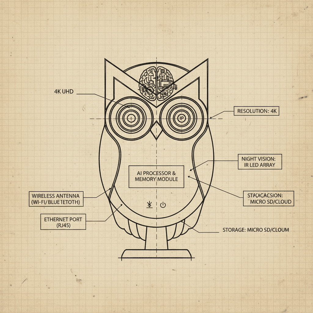 AI generated: Simple but technical close up of a blue print (without label) describing a brainy AI powered owl (wi...
