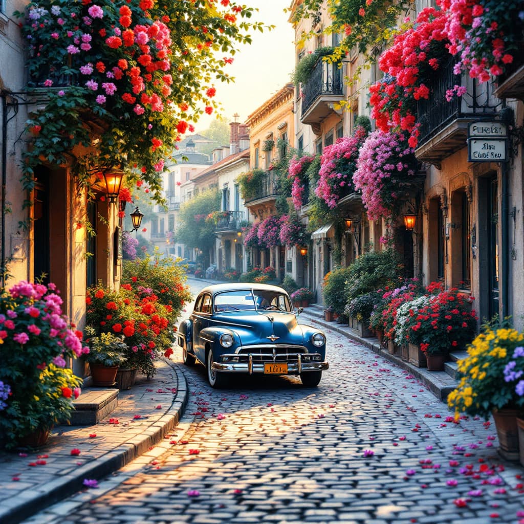 AI generated: A dreamy vintage puzzle illustration showing an old classic car parked on a flower-lined street. Cob...