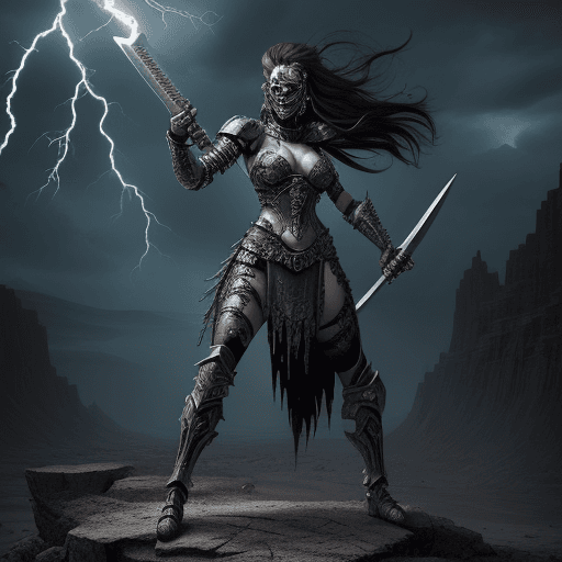 AI generated: Metal Warrior Woman: A woman warrior in stylized metal armor, wielding a sword-guitar, in a desolate...