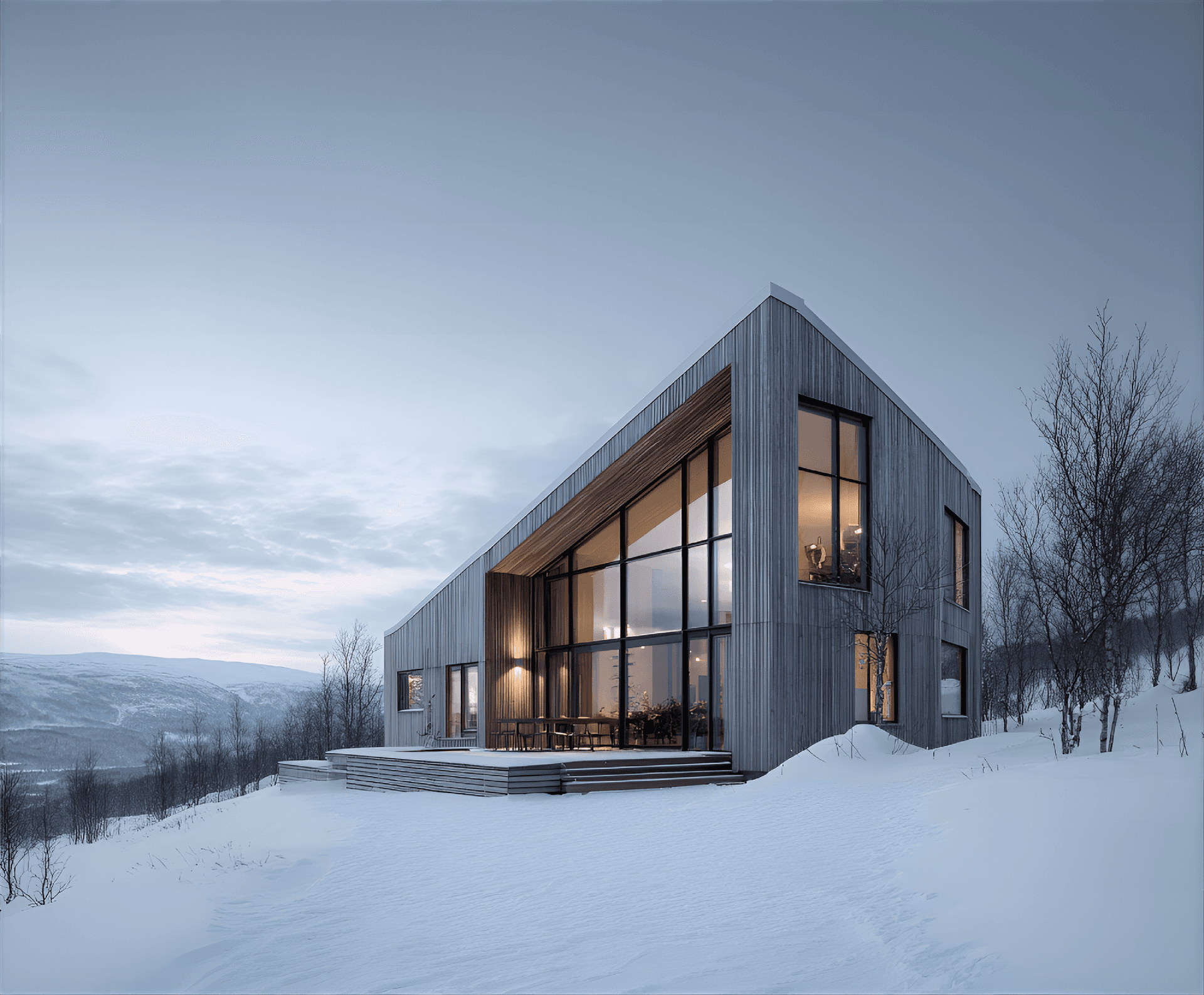 AI generated: Scandinavian minimalist house, wooden façade, large windows, snowcovered landscape, clean design, mu...