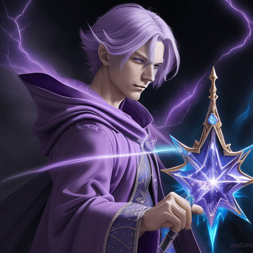 AI generated: A mischievous sorcerer in a mystical purple robe, holding star patterned staff, enchanting sapphire ...