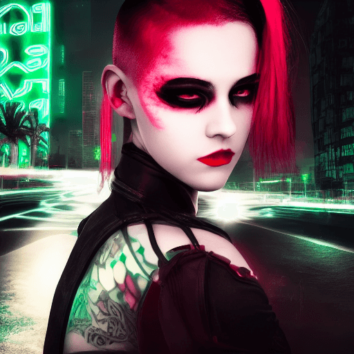 AI generated: a beautiful pale cyberpunk Girl with heavy black eyeliner, red eyes, shaved side haircut, hyper deta...