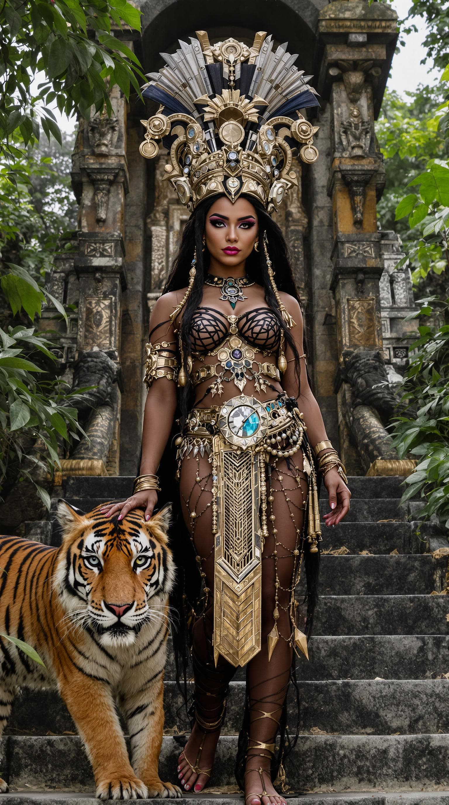 AI generated: a professional photo of the most female in the world, a young adult,  Aztec priestess, highly detail...