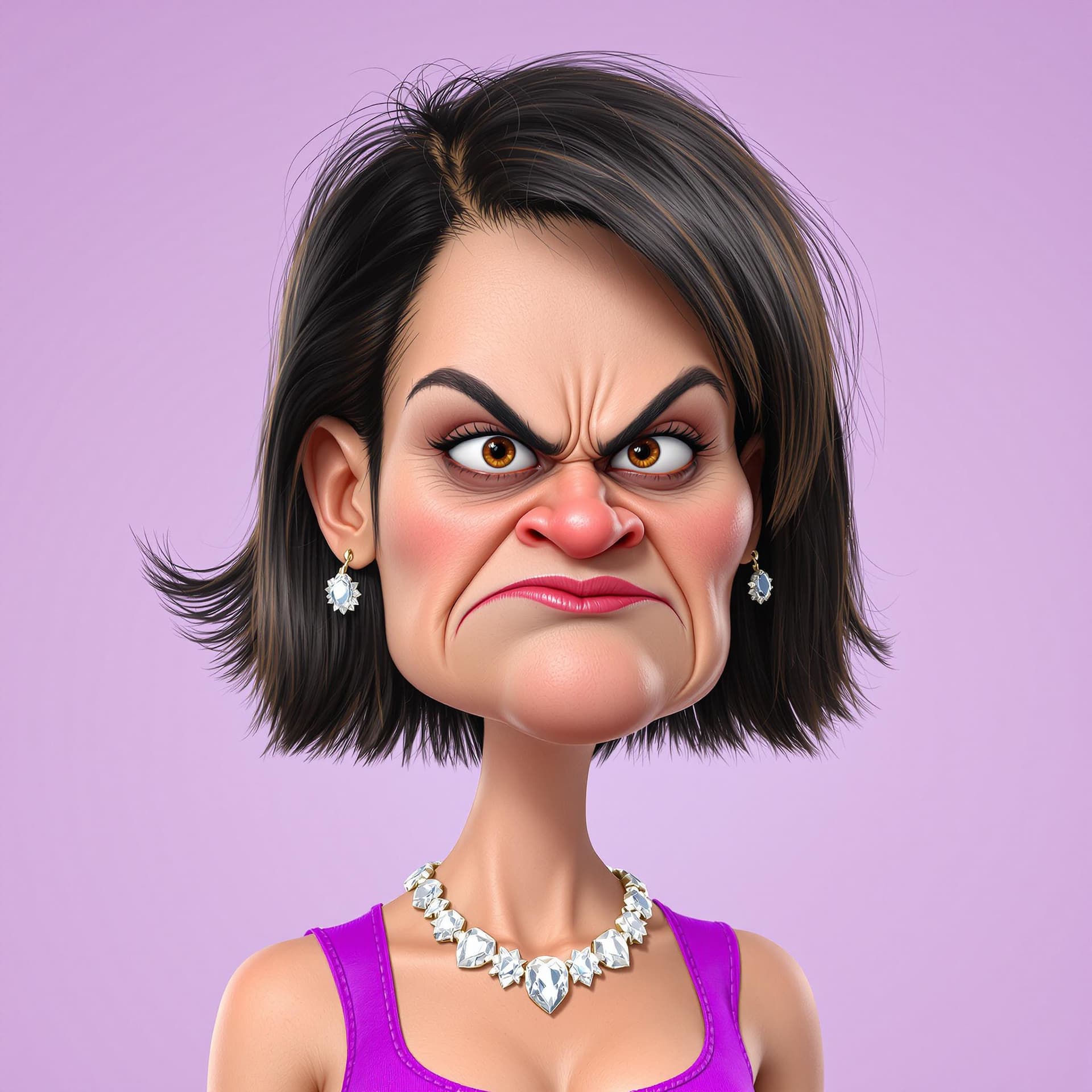AI generated: Create a 3D render of a funny caricature featuring a young American woman with black hair adorned wi...