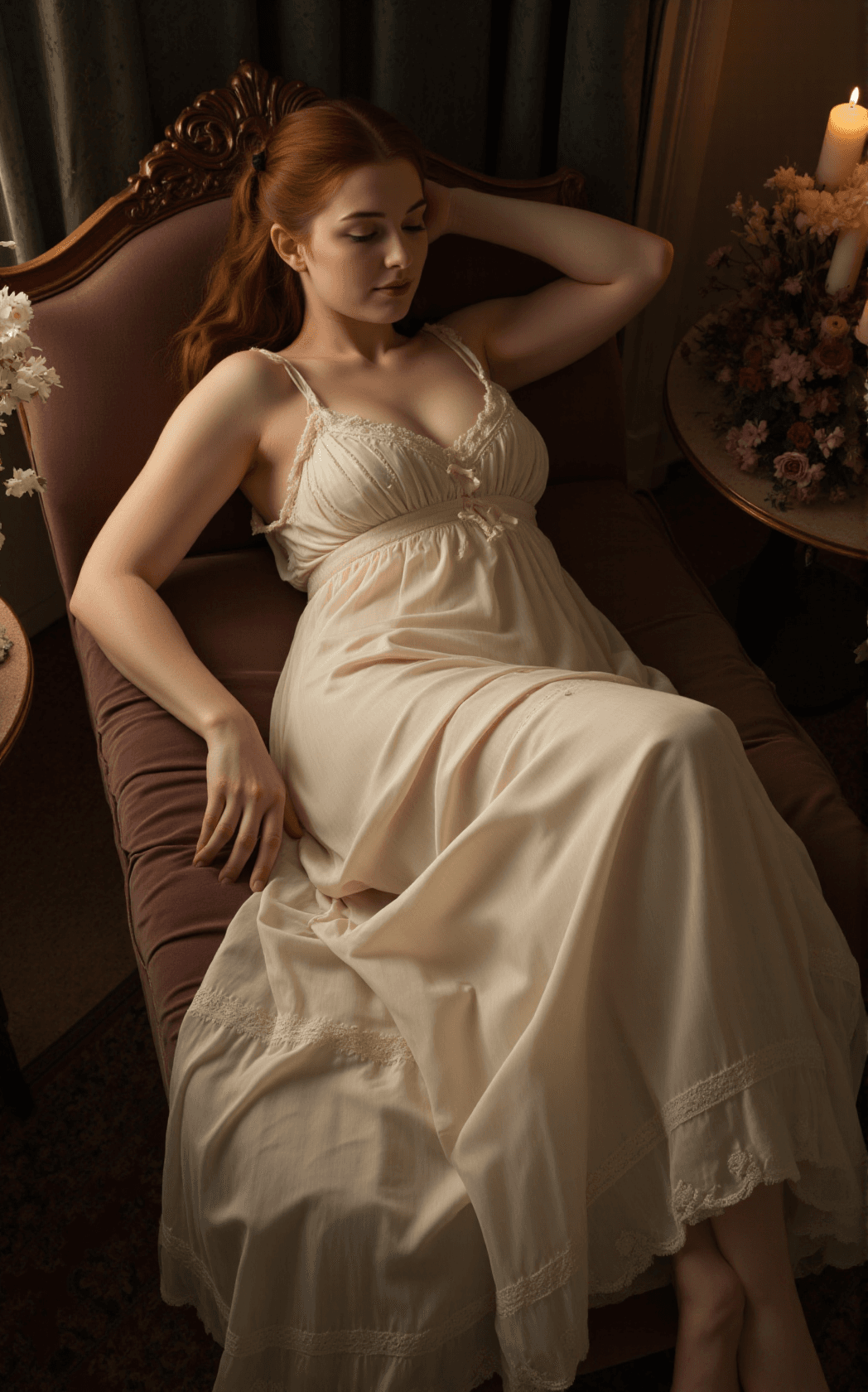 AI generated: An overhead, intimate perspective reveals a central young female reclining on a velvet chaise. She h...
