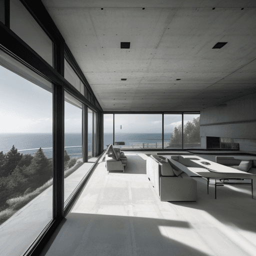 AI generated: hyper-realistic house where the walls are made of windows and Bauhaus-style concrete on a cliff with...