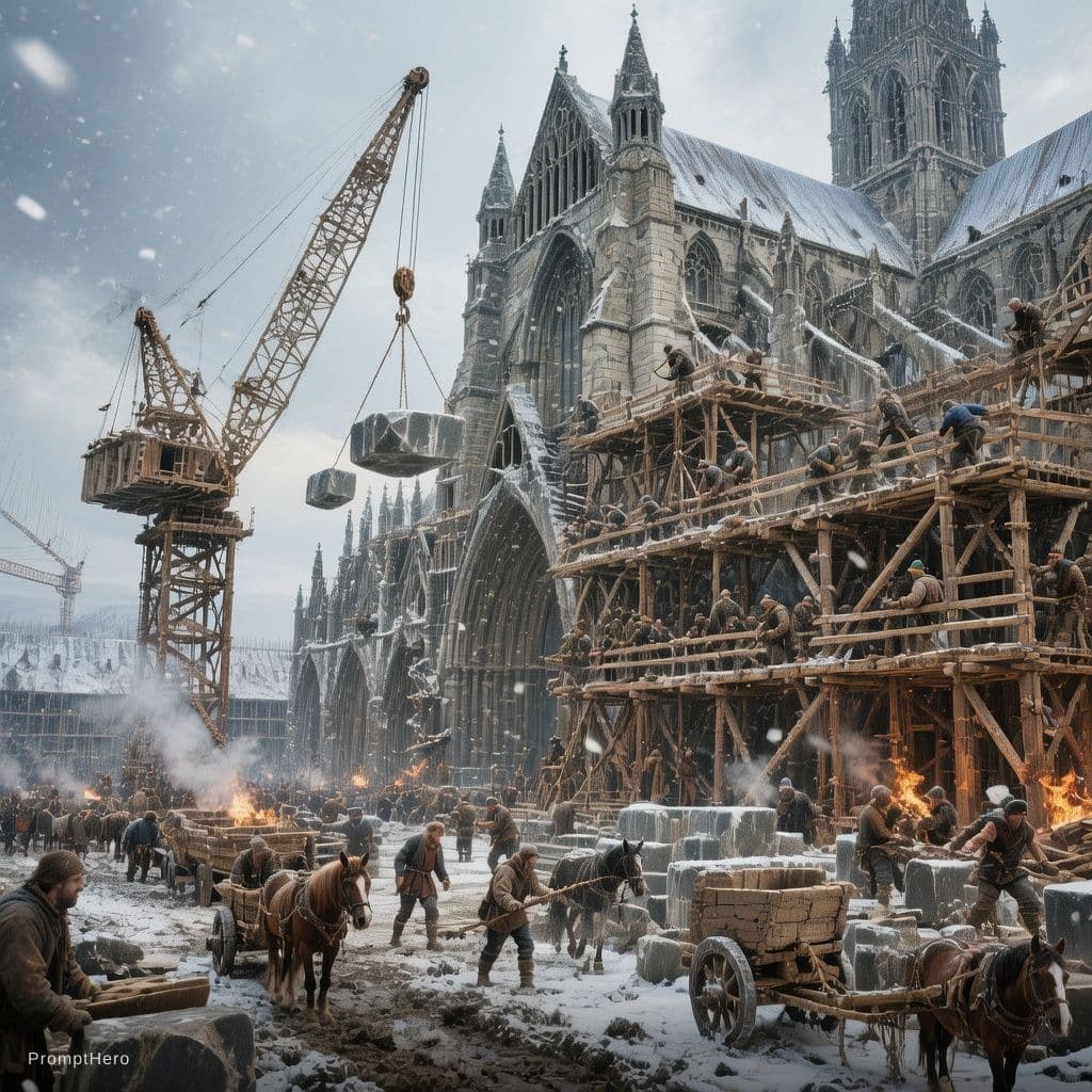 AI generated: Cinematic 5-second shot of the construction of Kingsbridge Cathedral in medieval England during wint...