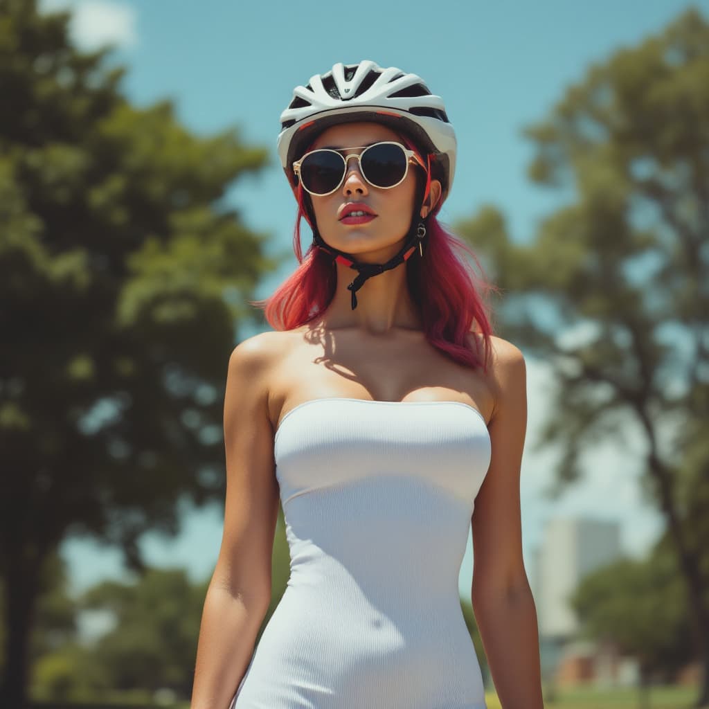 AI generated: female,,cleavage, midriff, woman, bicycle helmet, sunglasses, bodysuit, shorts, <lora:b1keg1rl-v1:1>...