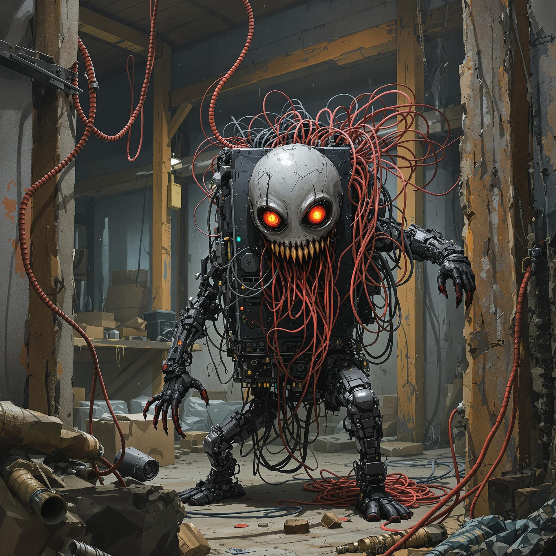 AI generated: Humanized ASIC crypto miner pulling its wires out trying to escape the crypto farm warehouse