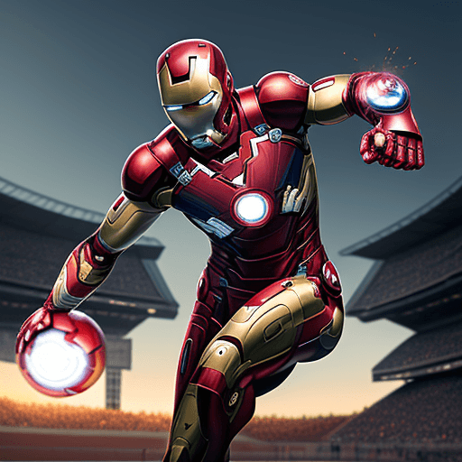 AI generated: Marvel's Ironman playing football, dressed in Aresenal uniform, Aresenal jersey, realistic perspecti...