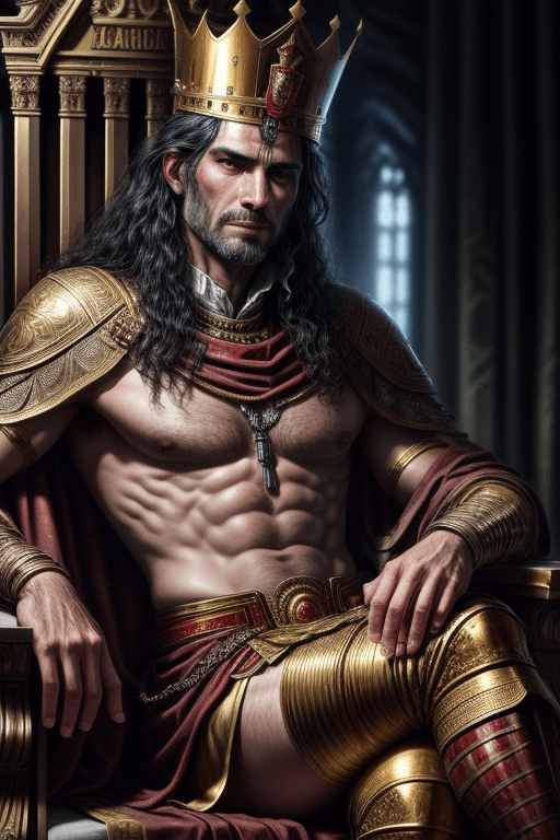 AI generated: close up of depicting king Tarquinuis Superbus of Romans, sitting on a throne, gold crown, an arroga...