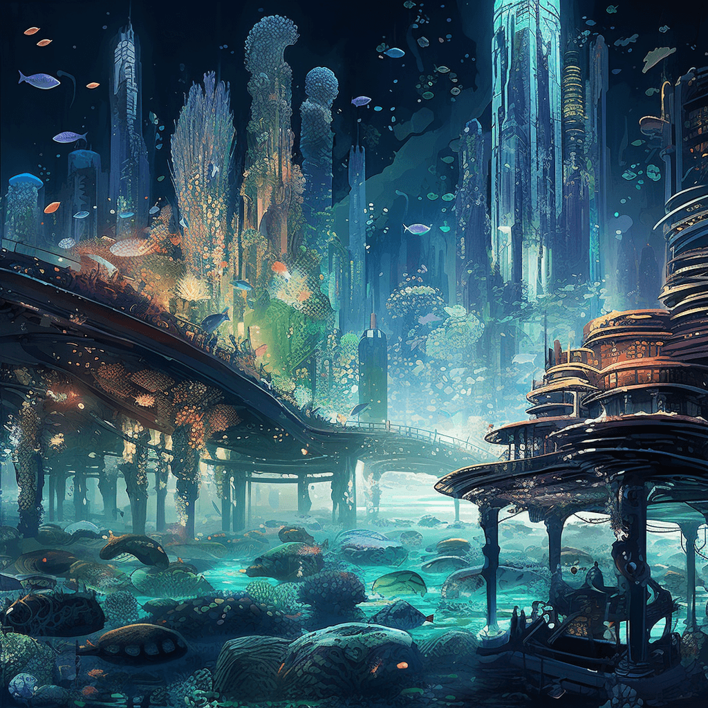 AI generated: An undersea metropolis bathed in the ethereal glow of bioluminescent sea creatures. Twisted structur...