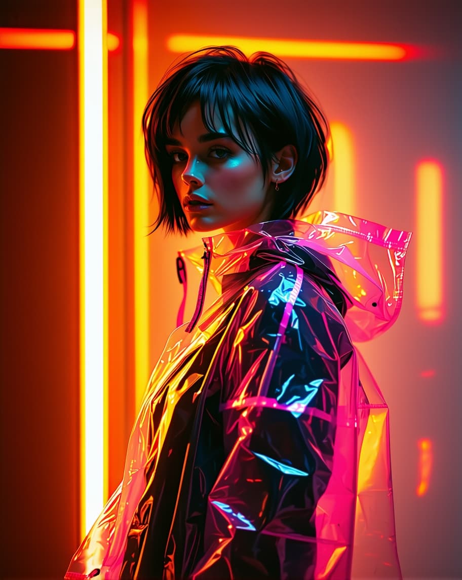 AI generated: dark haired woman is standing in front of orange light, in glossy transparent plastic futuristic rai...