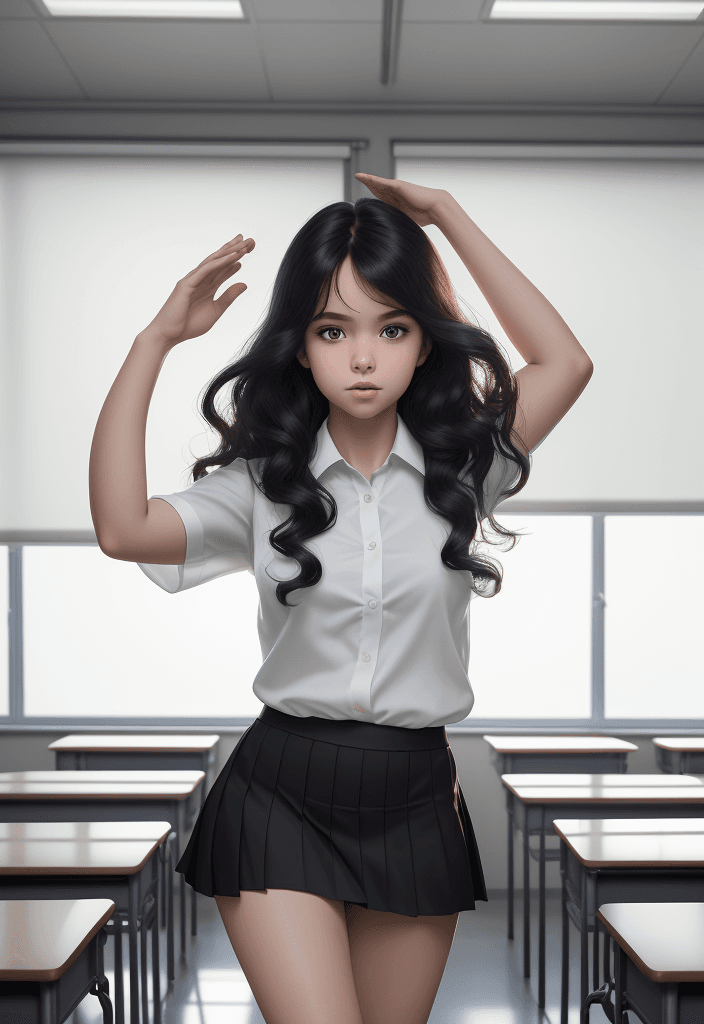 AI generated: A panoramic view of a classroom, gorgeous teacher with class of young boys, white blouse, short blac...