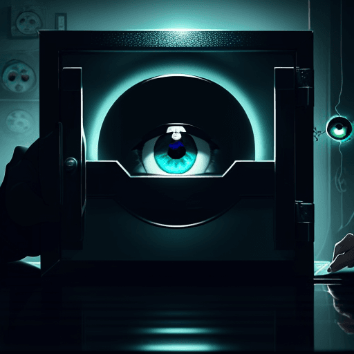 AI generated: Photo of a thief hacking into a safe,  the safe has shelves of large beautiful eyeballs,  the eyebal...