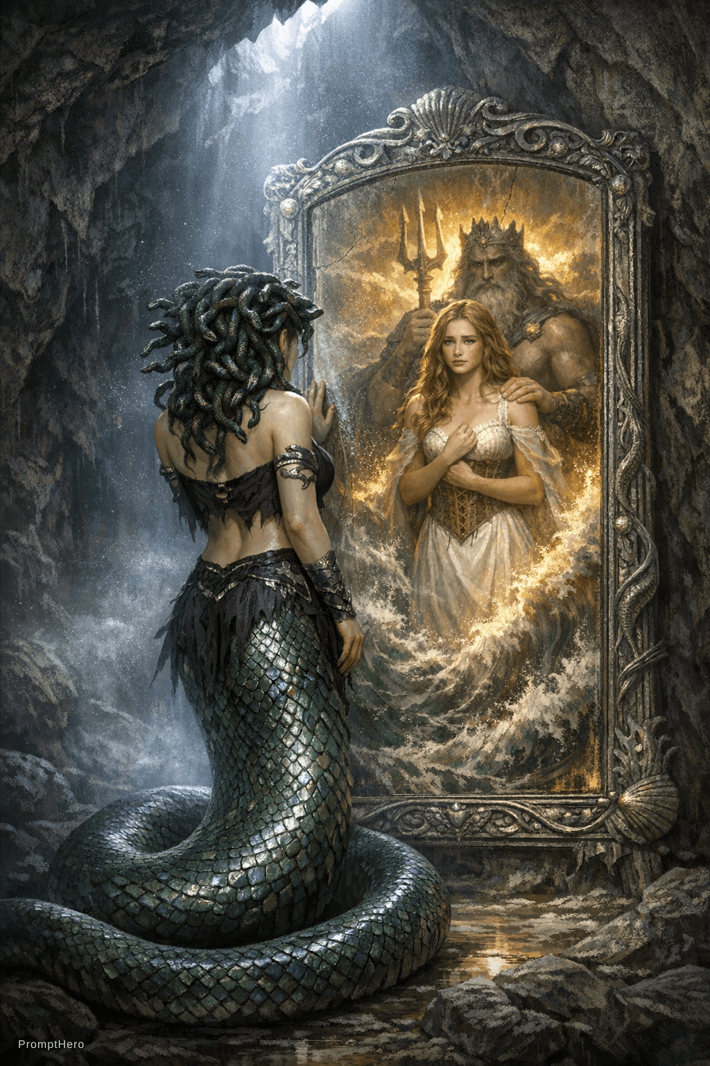 AI generated: A realistic fantasy digital painting depicting Medusa standing in a dark, rocky cave under a beam of...