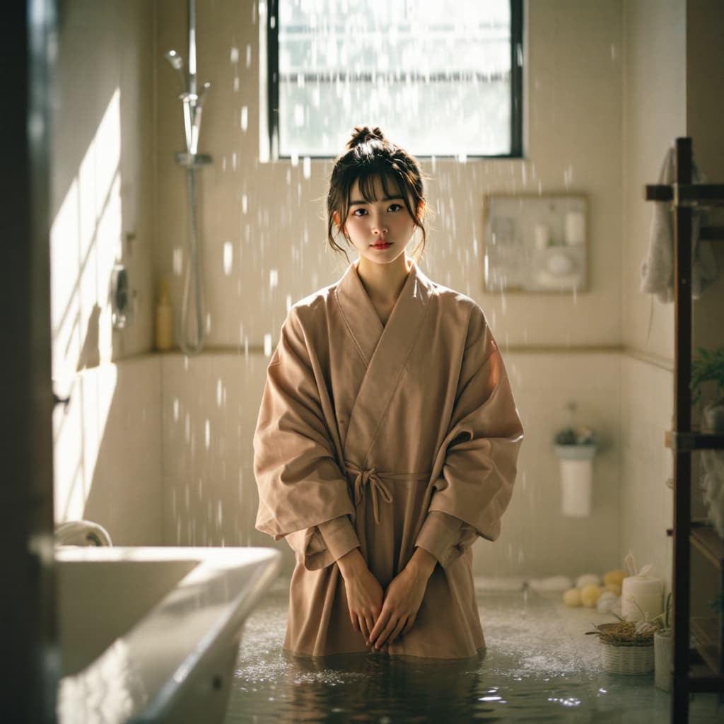 AI generated: A Japanese girl stand in strolling in bathroom, bathing