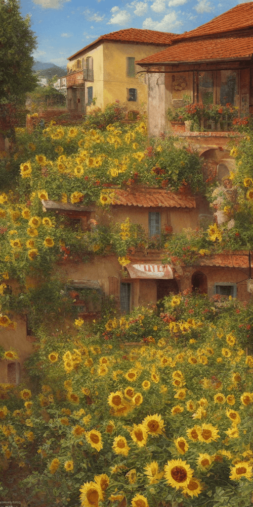 AI generated: a traditional pizzeria in a field of sun flowers. a terrace in  a friendly atmosphere around pizzas ...