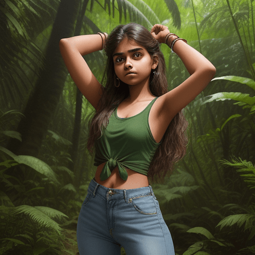 AI generated: A 17 year old Indian girl is posing in a natural trail in a jungle , she is wearing a loose green ta...