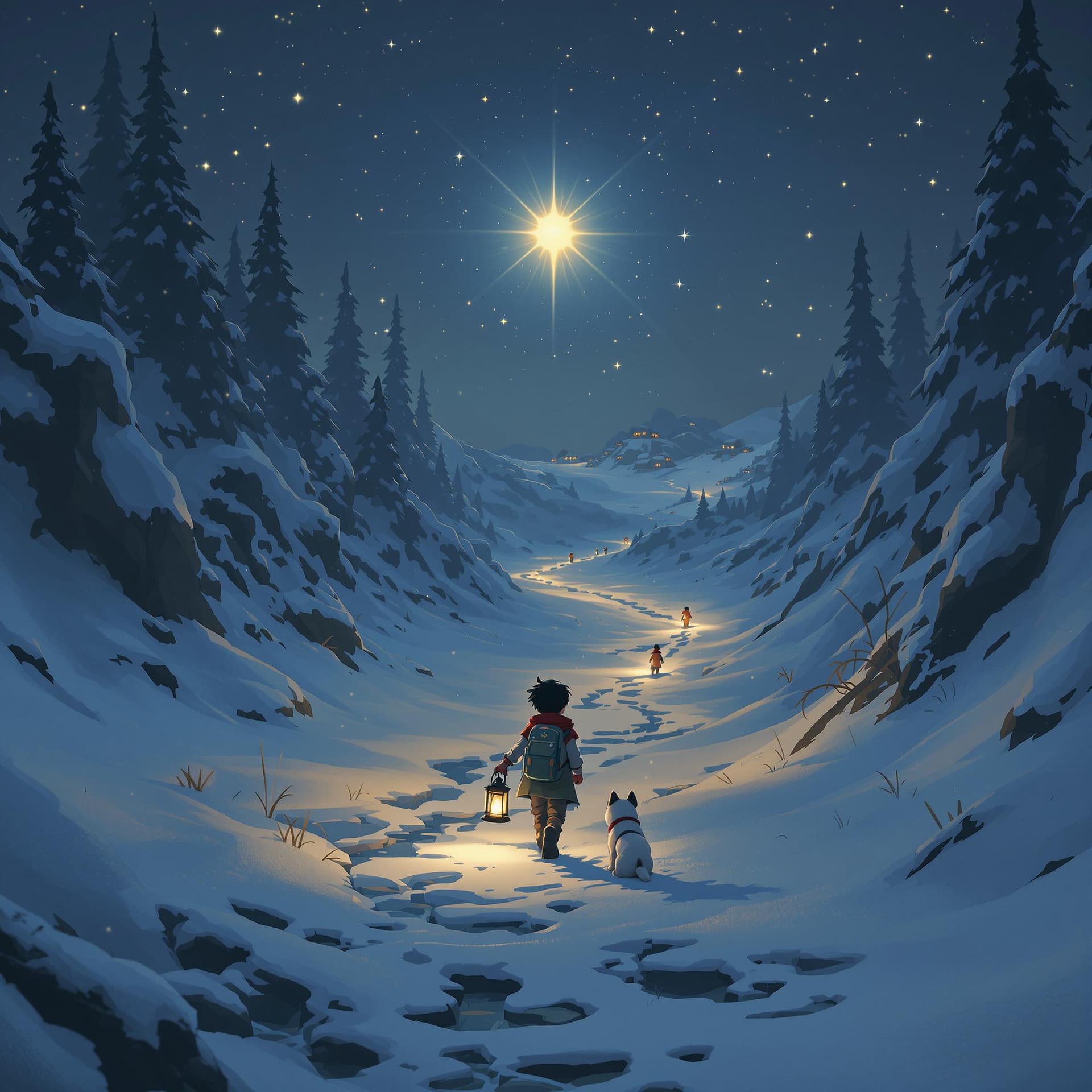 AI generated: A Studio Ghibli-style medium shot of a young boy named Ellis, with a lantern and his loyal dog, Lume...