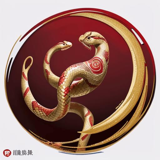AI generated: a red and gold graceful snake spiraling around the ideogram for ‘fortune’ (福, Fú). Use traditional r...