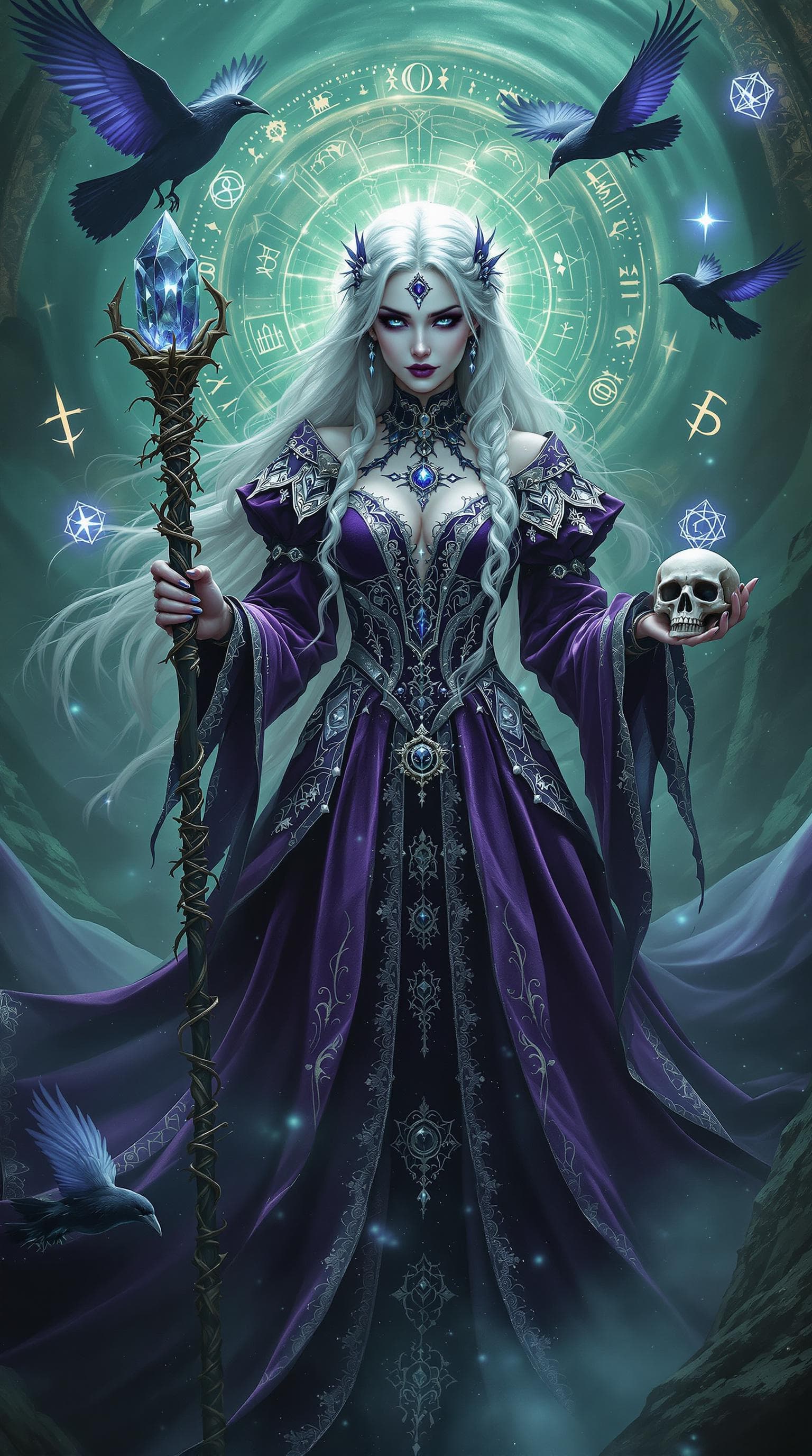 AI generated: An ultra-realistic, full-body static depiction of an arcane sorceress woman, exuding an aura of prof...