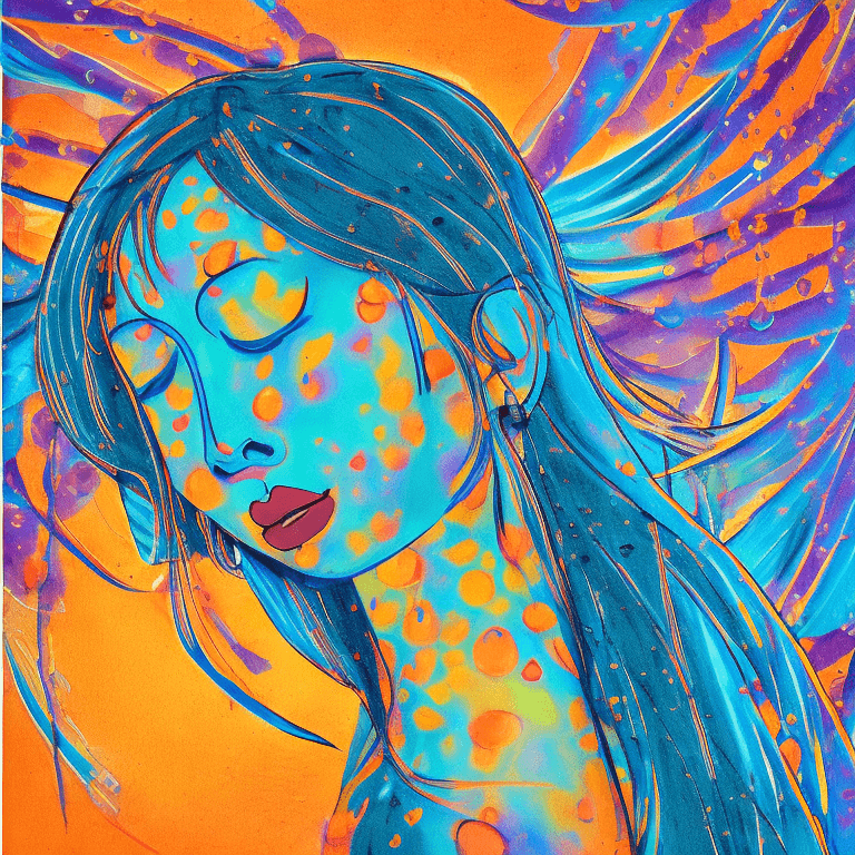 AI generated: a girl with blue hair with eyes closed, in the style of the stars art group (xing xing), yellow and ...