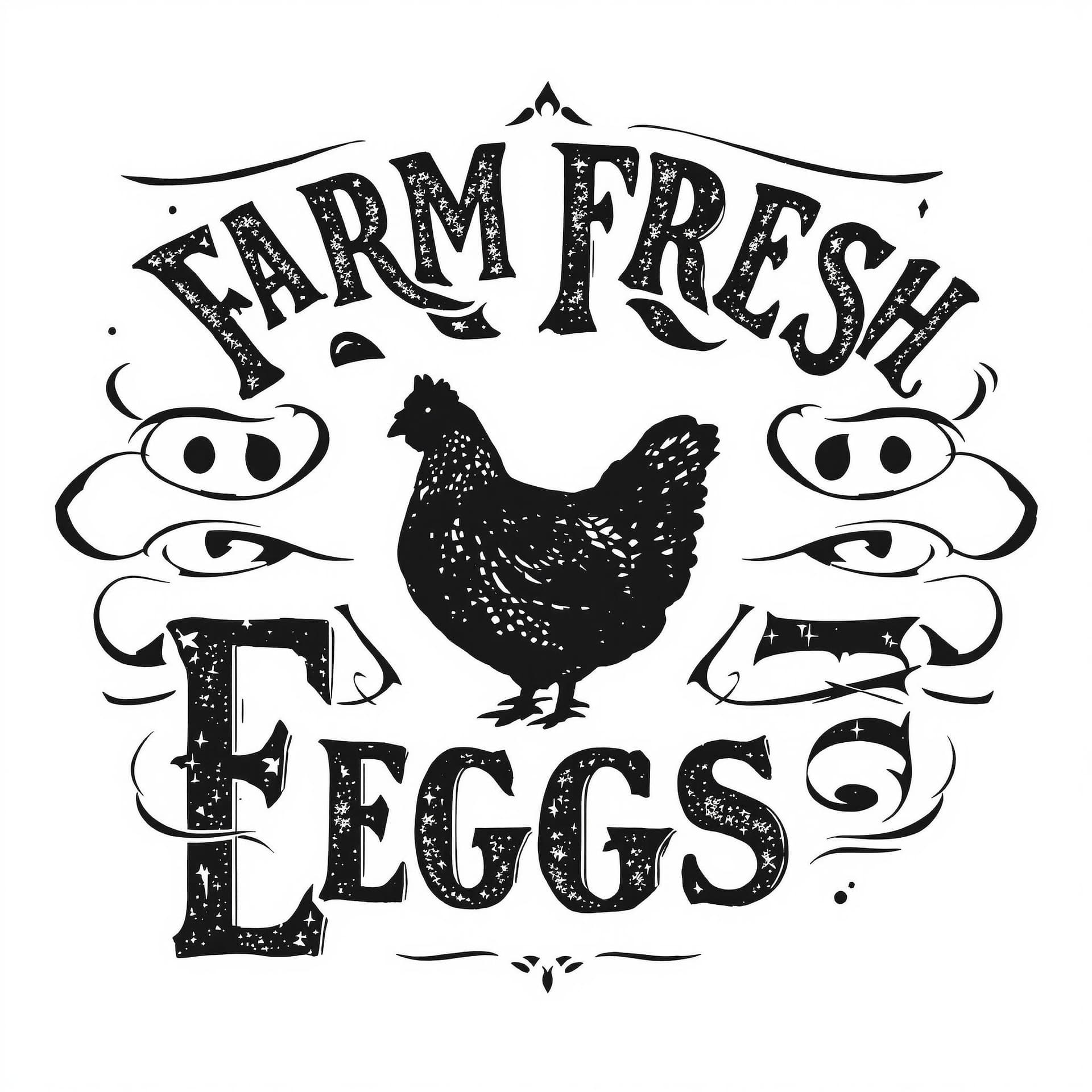 AI generated: Create a vintage-style graphic design featuring the text "FARM FRESH EGGS" with a silhouette of a he...