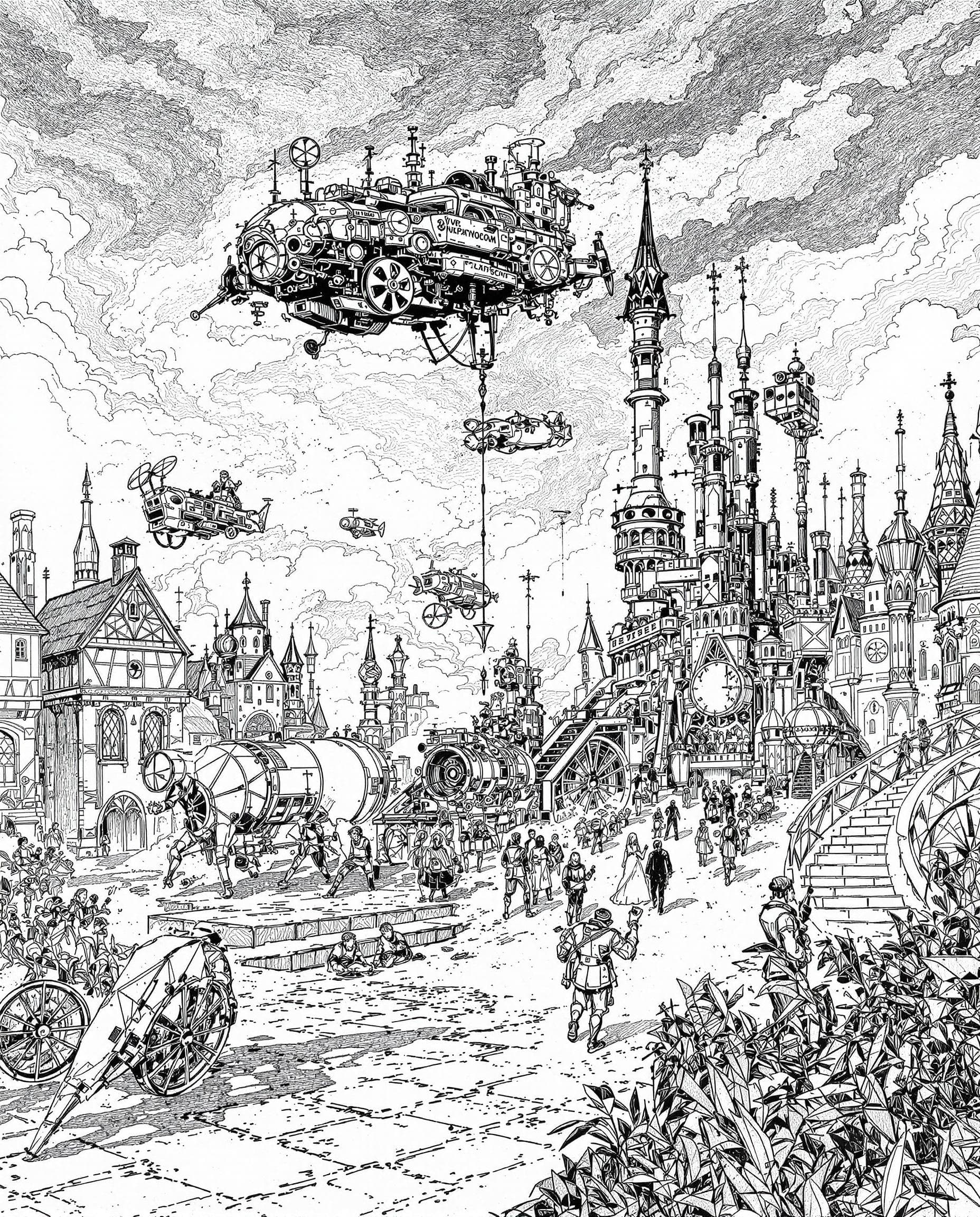 AI generated: Medieval scene, detailed pencil and ink sketch of what life may be like in the future from a 16th ce...