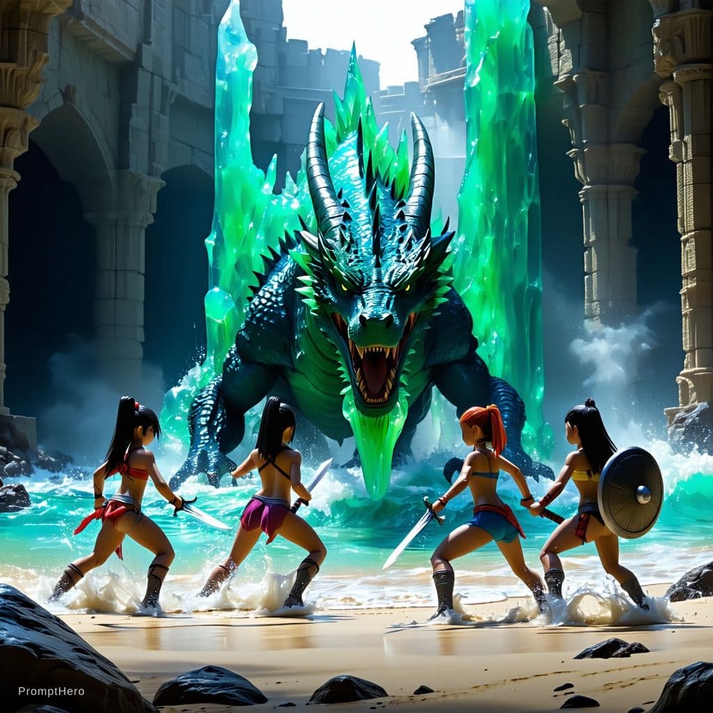 AI generated: Demihuman girls in bikini and leotards fighting a slime dragon in a dungeon with sword and shields t...